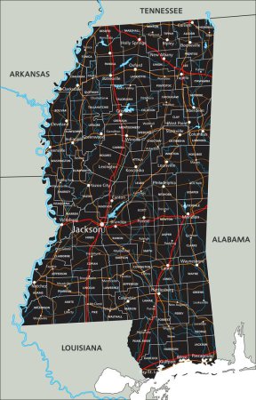 Ilustración de Mapa de ruta detallado de Mississippi con etiquetado. - Imagen libre de derechos