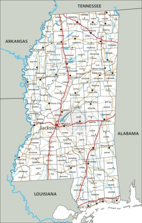 Ilustración de Mapa de ruta detallado de Mississippi con etiquetado. - Imagen libre de derechos