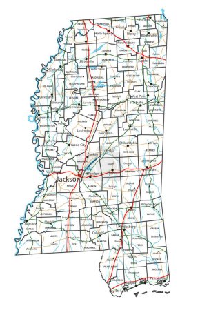 Ilustración de Mapa de carreteras y carreteras de Mississippi. Ilustración vectorial. - Imagen libre de derechos