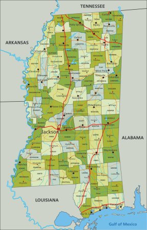 Téléchargez les illustrations : Carte politique modifiable très détaillée avec des couches séparées. Mississippi - en licence libre de droit