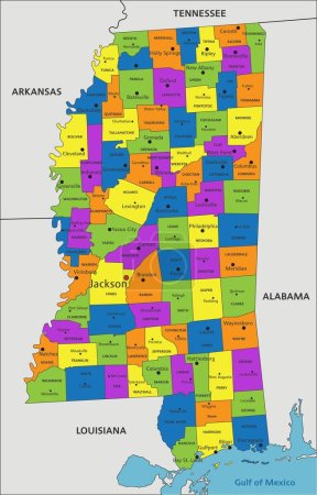 Ilustración de Colorido mapa político de Mississippi con capas claramente etiquetadas y separadas. Ilustración vectorial. - Imagen libre de derechos