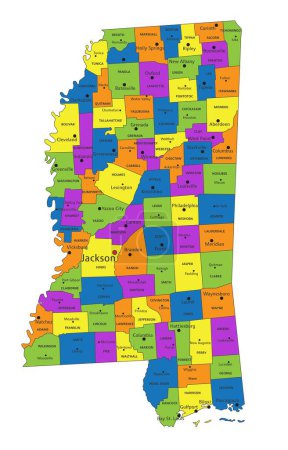 Ilustración de Colorido mapa político de Mississippi con capas claramente etiquetadas y separadas. Ilustración vectorial. - Imagen libre de derechos