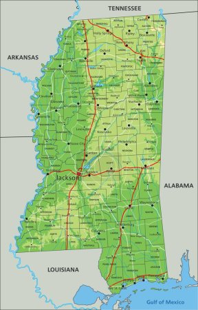 High detailed Mississippi physical map with labeling.