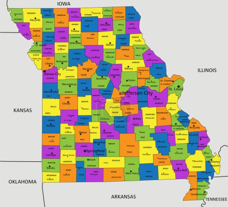 Ilustración de Colorido mapa político de Missouri con capas claramente etiquetadas y separadas. Ilustración vectorial. - Imagen libre de derechos