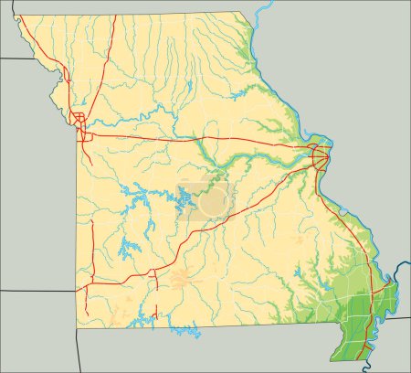 Ilustración de Alto mapa físico detallado de Missouri. - Imagen libre de derechos