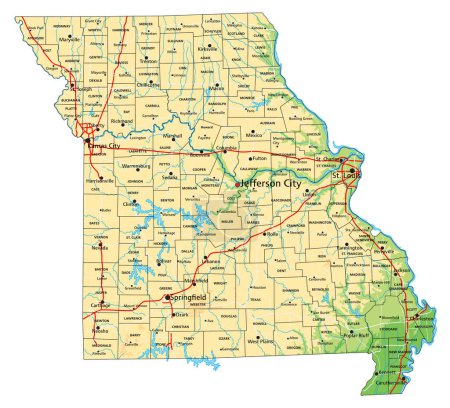 Ilustración de Alto mapa físico detallado de Missouri con etiquetado. - Imagen libre de derechos
