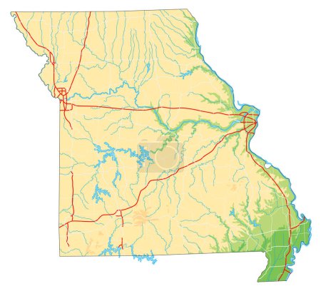 Téléchargez les illustrations : Carte physique détaillée du Missouri. - en licence libre de droit