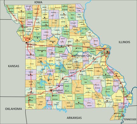 Ilustración de Missouri - Mapa político editable altamente detallado con etiquetado. - Imagen libre de derechos