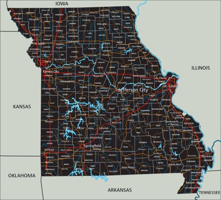 Téléchargez les illustrations : Carte routière détaillée du Missouri avec étiquetage. - en licence libre de droit