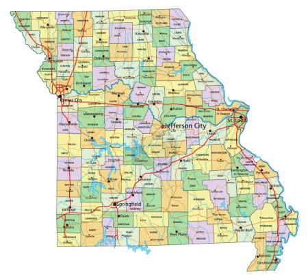 Ilustración de Missouri - Mapa político editable altamente detallado con etiquetado. - Imagen libre de derechos