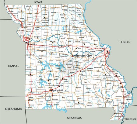 Téléchargez les illustrations : Carte routière détaillée du Missouri avec étiquetage. - en licence libre de droit