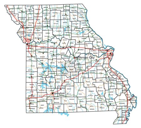 Téléchargez les illustrations : Carte routière et routière du Missouri. Illustration vectorielle. - en licence libre de droit