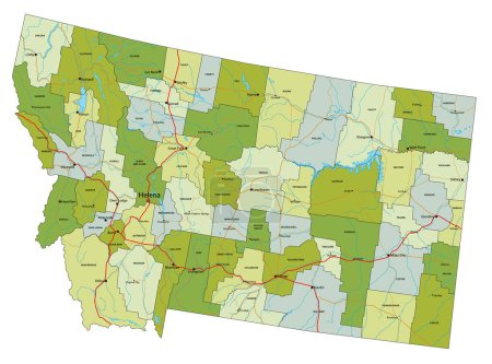 Ilustración de Mapa político editable altamente detallado con capas separadas. Montana. - Imagen libre de derechos
