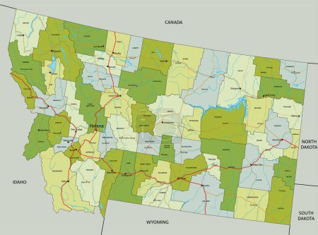 Ilustración de Mapa político editable altamente detallado con capas separadas. Montana. - Imagen libre de derechos