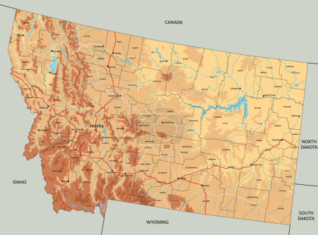 Ilustración de Mapa físico de Montana altamente detallado con etiquetado. - Imagen libre de derechos