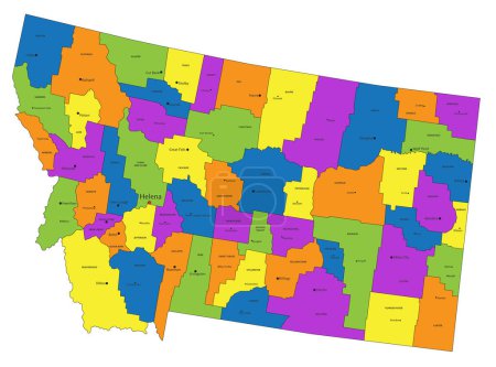 Téléchargez les illustrations : Carte politique colorée du Montana avec des couches clairement étiquetées et séparées. Illustration vectorielle. - en licence libre de droit