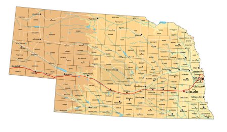 Ilustración de Alto mapa físico detallado de Nebraska con etiquetado. - Imagen libre de derechos
