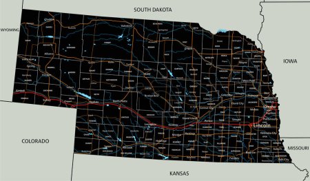 Ilustración de Hoja de ruta detallada de Nebraska con etiquetado. - Imagen libre de derechos