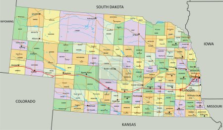 Illustration pour Nebraska - Carte politique éditable très détaillée avec étiquetage. - image libre de droit