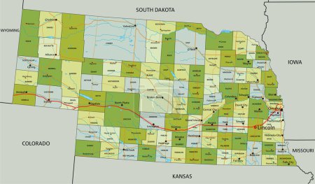 Ilustración de Mapa político editable altamente detallado con capas separadas. Nebraska. - Imagen libre de derechos