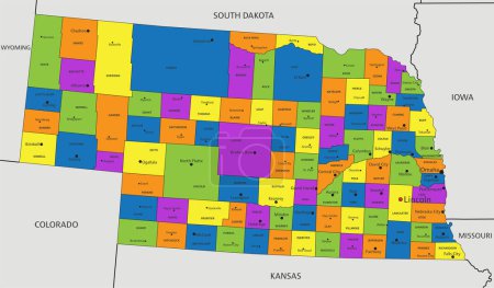 Ilustración de Colorido mapa político de Nebraska con capas claramente etiquetadas y separadas. Ilustración vectorial. - Imagen libre de derechos