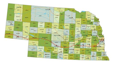 Illustration pour Carte politique modifiable très détaillée avec des couches séparées. Nebraska. - image libre de droit
