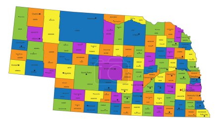 Illustration pour Carte politique colorée du Nebraska avec des couches clairement étiquetées et séparées. Illustration vectorielle. - image libre de droit