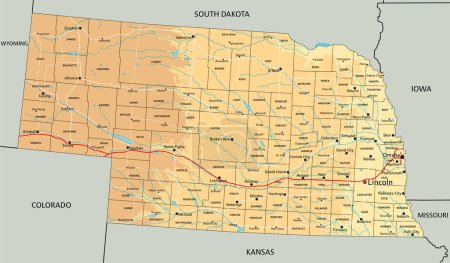 Ilustración de Alto mapa físico detallado de Nebraska con etiquetado. - Imagen libre de derechos