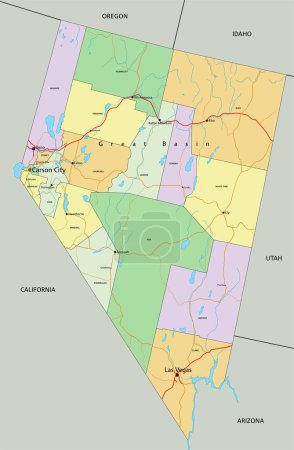 Ilustración de Nevada - Mapa político editable altamente detallado con etiquetado. - Imagen libre de derechos