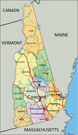 Ilustración de New Hampshire - Mapa político editable altamente detallado con etiquetado. - Imagen libre de derechos