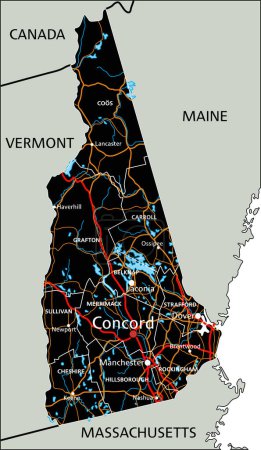 Ilustración de Hoja de ruta detallada de New Hampshire con etiquetado. - Imagen libre de derechos