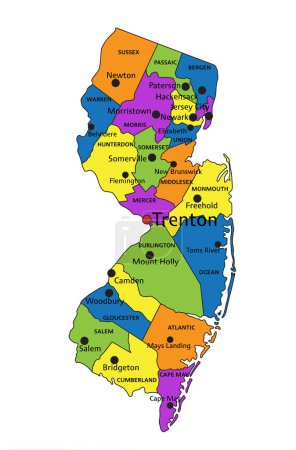 Téléchargez les illustrations : Carte politique colorée du New Jersey avec des couches clairement étiquetées et séparées. Illustration vectorielle. - en licence libre de droit
