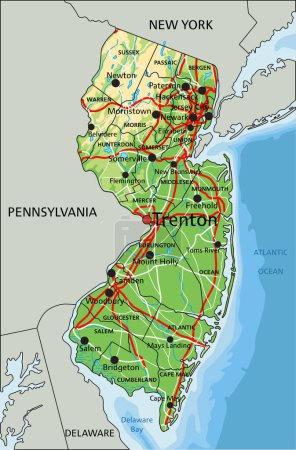 Téléchargez les illustrations : Carte physique détaillée du New Jersey avec étiquetage. - en licence libre de droit