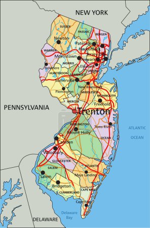 Ilustración de Nueva Jersey - Mapa político editable altamente detallado con etiquetado. - Imagen libre de derechos