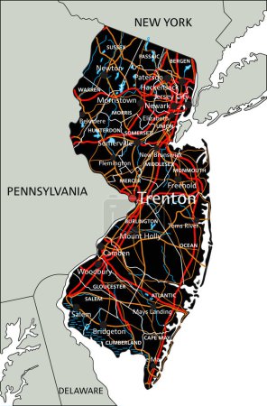 Ilustración de Hoja de ruta detallada de Nueva Jersey con etiquetado. - Imagen libre de derechos