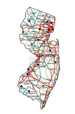 Téléchargez les illustrations : Carte routière et routière du New Jersey. Illustration vectorielle. - en licence libre de droit