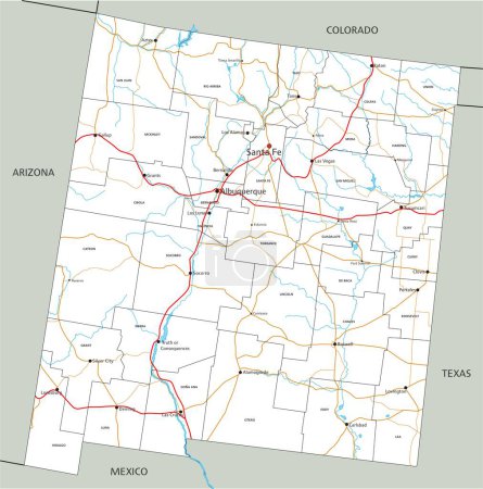 Ilustración de Hoja de ruta detallada de Nuevo México con etiquetado. - Imagen libre de derechos