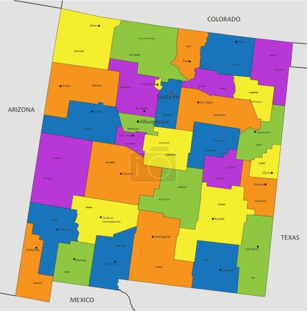 Ilustración de Colorido mapa político de Nuevo México con capas claramente etiquetadas y separadas. Ilustración vectorial. - Imagen libre de derechos