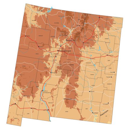 Ilustración de Alto mapa físico detallado de Nuevo México con etiquetado. - Imagen libre de derechos