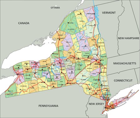 Ilustración de Nueva York - Mapa político editable altamente detallado con etiquetado. - Imagen libre de derechos
