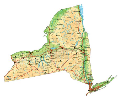 Ilustración de Alto mapa físico detallado de Nueva York con etiquetado. - Imagen libre de derechos