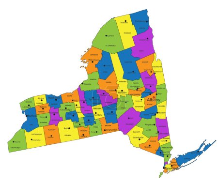 Ilustración de Colorido mapa político de Nueva York con capas claramente etiquetadas y separadas. Ilustración vectorial. - Imagen libre de derechos