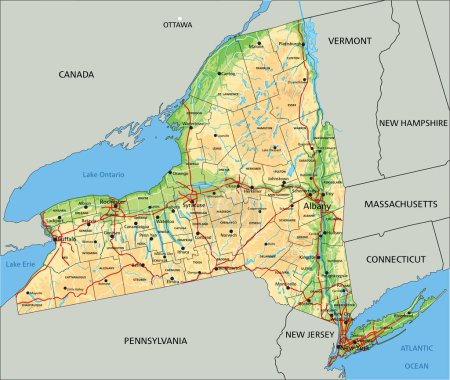 Ilustración de Alto mapa físico detallado de Nueva York con etiquetado. - Imagen libre de derechos