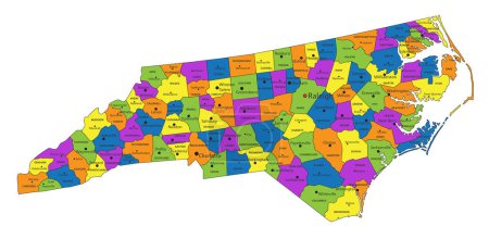 Téléchargez les illustrations : Carte politique colorée de Caroline du Nord avec des couches clairement étiquetées et séparées. Illustration vectorielle. - en licence libre de droit