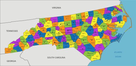 Ilustración de Colorido mapa político de Carolina del Norte con capas claramente etiquetadas y separadas. Ilustración vectorial. - Imagen libre de derechos