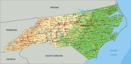 Illustration for High detailed North Carolina physical map with labeling. - Royalty Free Image