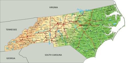 Téléchargez les illustrations : Carte physique détaillée de la Caroline du Nord avec étiquetage. - en licence libre de droit