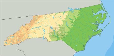 Ilustración de Mapa físico detallado de Carolina del Norte. - Imagen libre de derechos