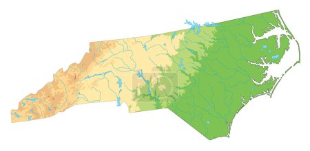 Ilustración de Mapa físico detallado de Carolina del Norte. - Imagen libre de derechos