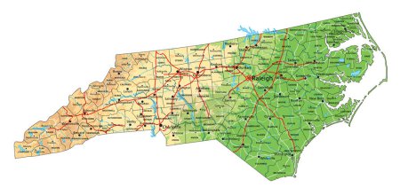 Ilustración de Alto mapa físico detallado de Carolina del Norte con etiquetado. - Imagen libre de derechos